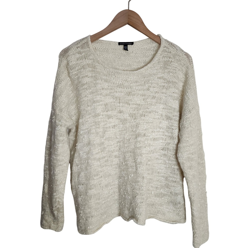 Eileen Fisher Sweater Womens Large Cream Tencel Mohair Blend Slub Knit Pullover